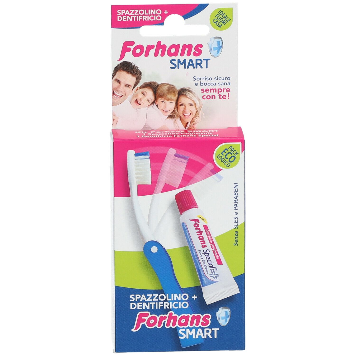 Set spazzolino e dentifricio in confezione. Colori blu, bianco e verde. Marchio Forhans Smart.