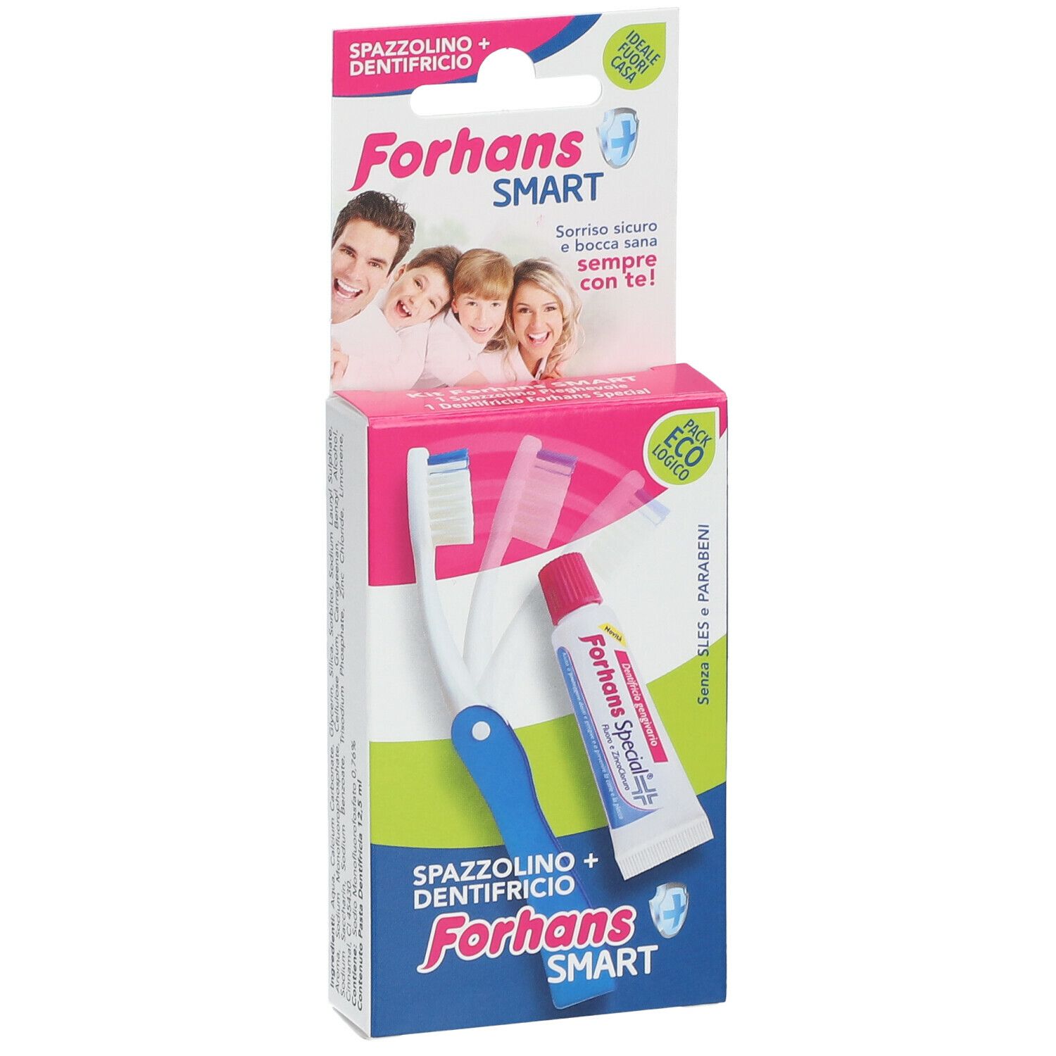 Set spazzolino e dentifricio in confezione. Colori blu, bianco e verde. Marchio Forhans Smart.