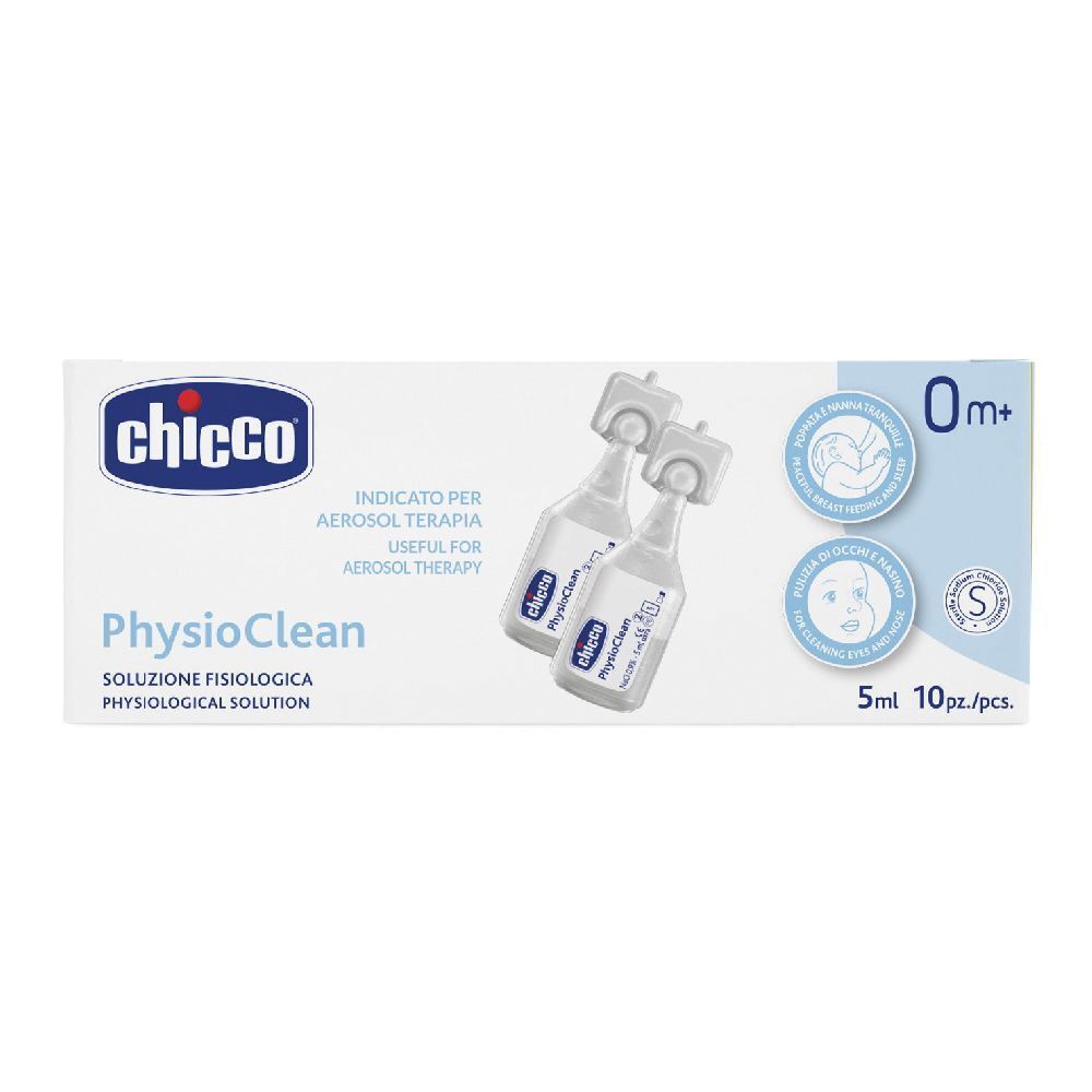 Confezione con due fiale e nome prodotto PhysioClean. Scritta: Soluzione Fisiologica, 5ml, 10pz.