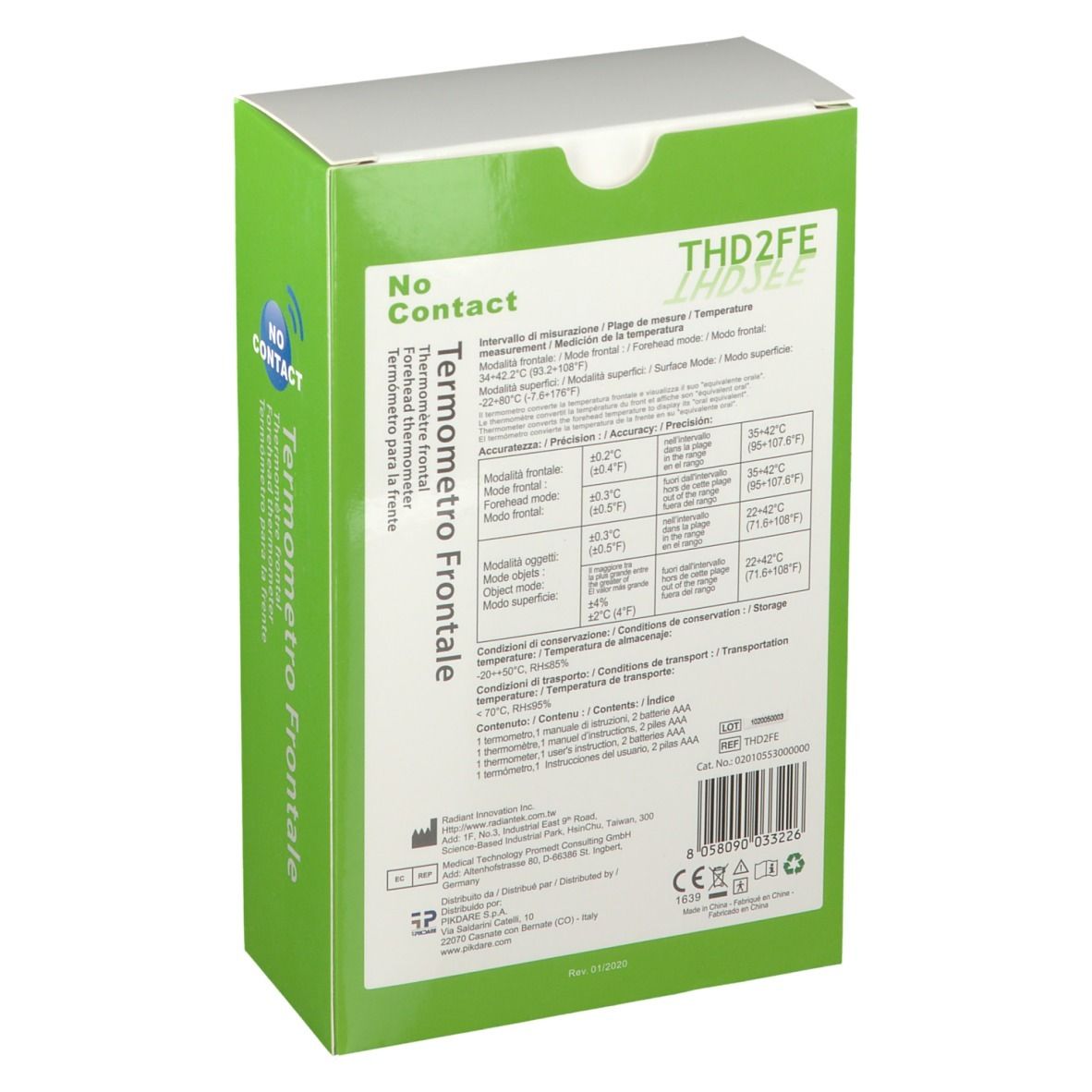 Retro della confezione di un termometro frontale senza contatto. Scatola verde con dati tecnici e specifiche.