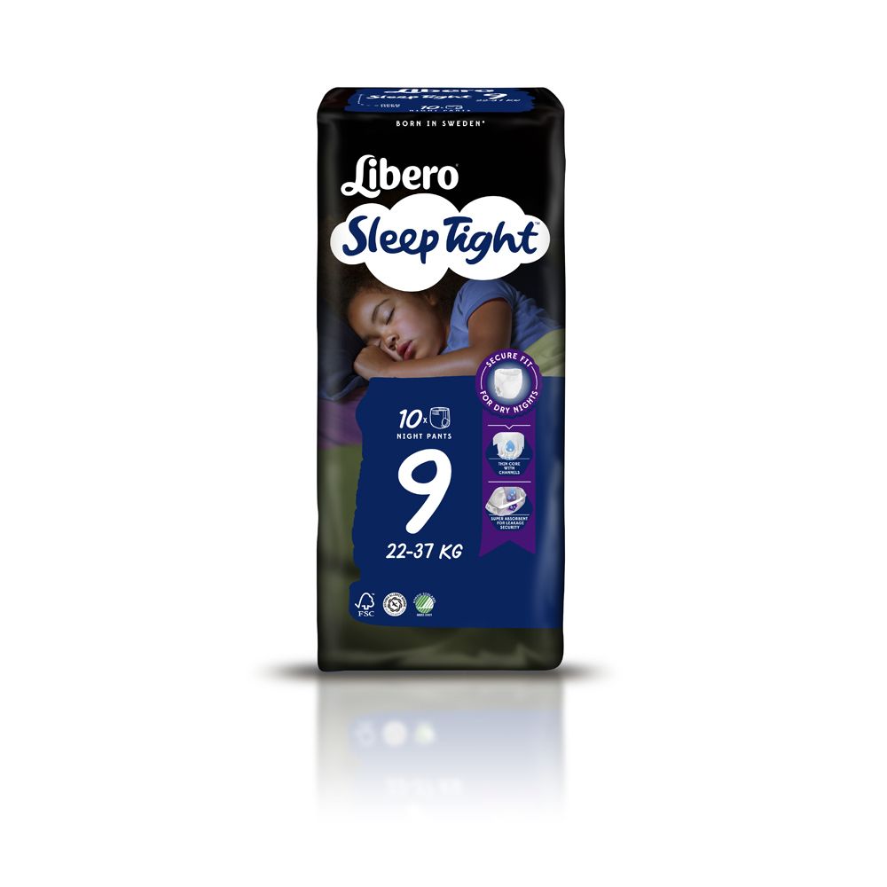 Libero SleepTight, mutandine assorbenti. Confezione da 10. Taglia 9, per 22-37 kg. Immagine di un bambino che dorme.