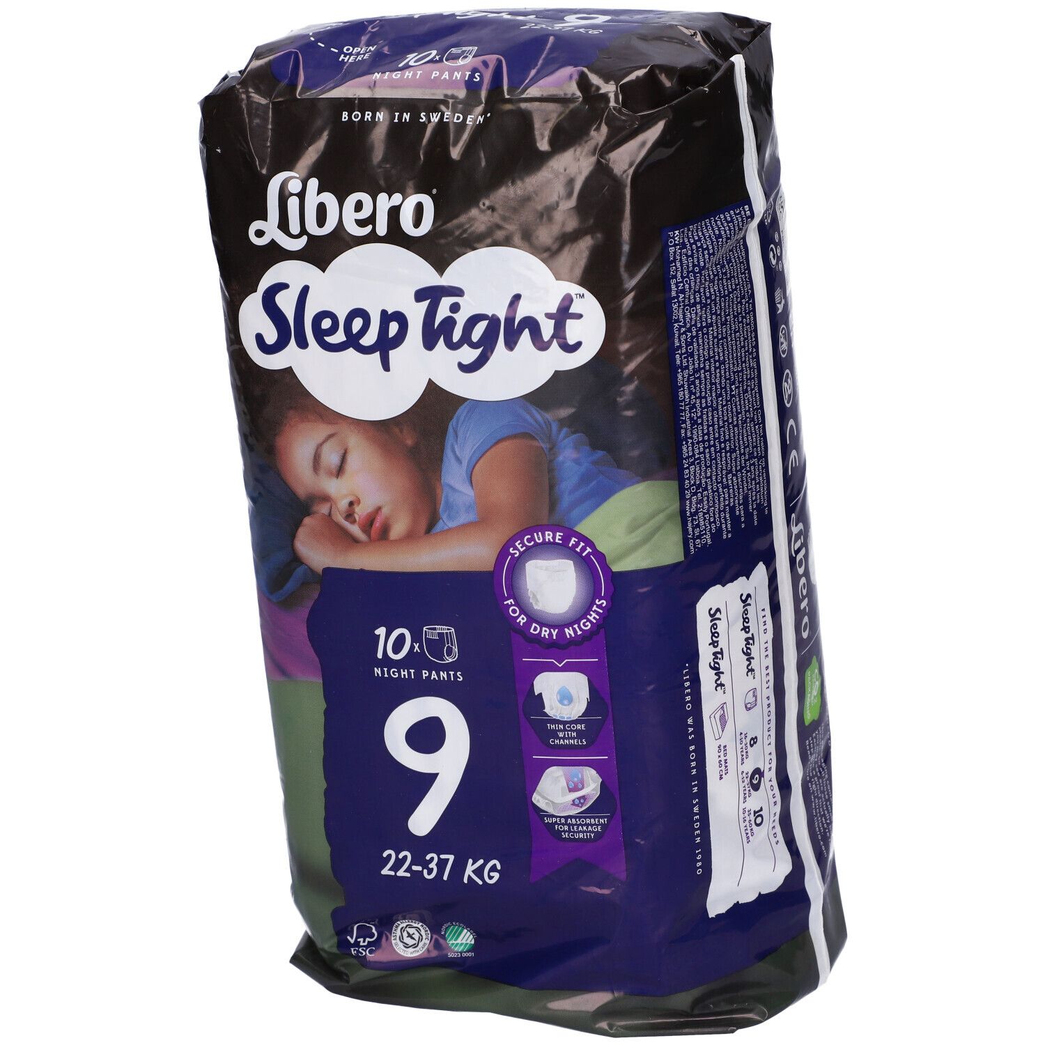 Libero SleepTight, mutandine assorbenti. Confezione. Taglia 9, per 22-37 kg. Immagine di un bambino che dorme. Dettagli.