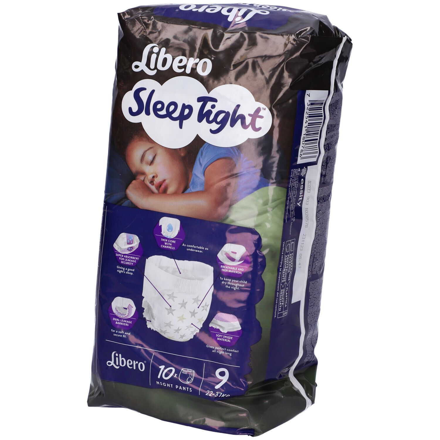 Libero SleepTight, mutandine assorbenti. Confezione. Taglia 9, per 22-37 kg. Immagine di un bambino che dorme. Dettagli.