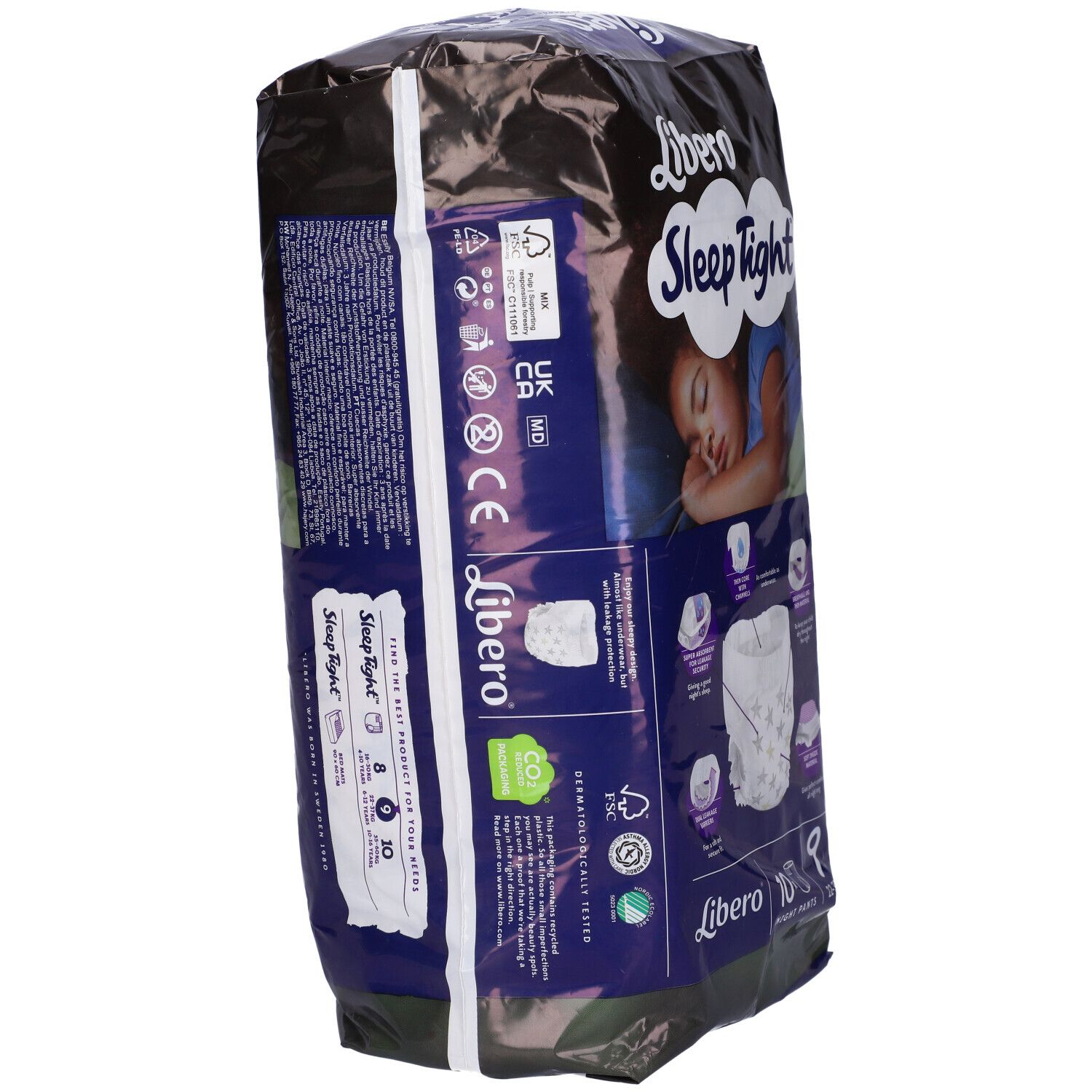 Libero SleepTight, mutandine assorbenti. Confezione. Taglia 9, per 22-37 kg. Retro con testo e loghi. Dettagli.