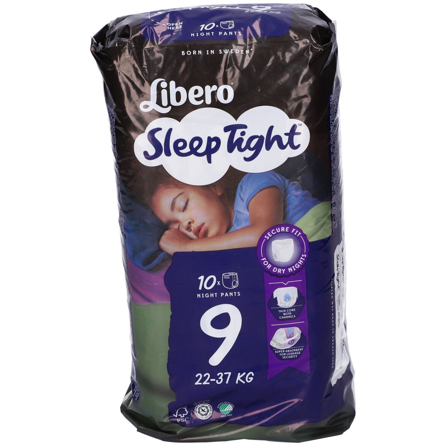 Libero SleepTight, mutandine assorbenti. Confezione. Taglia 9, per 22-37 kg. Immagine di un bambino che dorme. Dettagli.