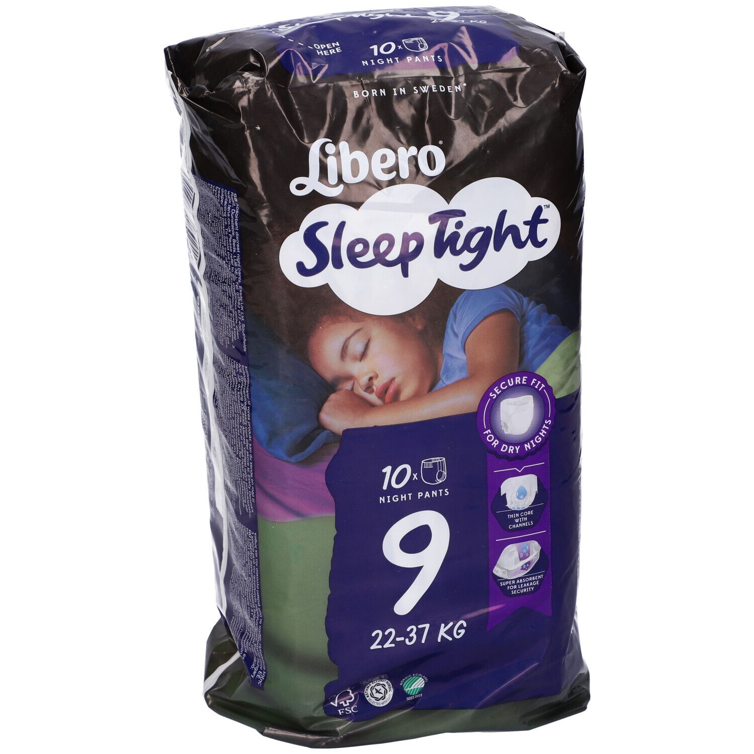 Libero SleepTight, mutandine assorbenti. Confezione. Taglia 9, per 22-37 kg. Immagine di un bambino che dorme. Dettagli.