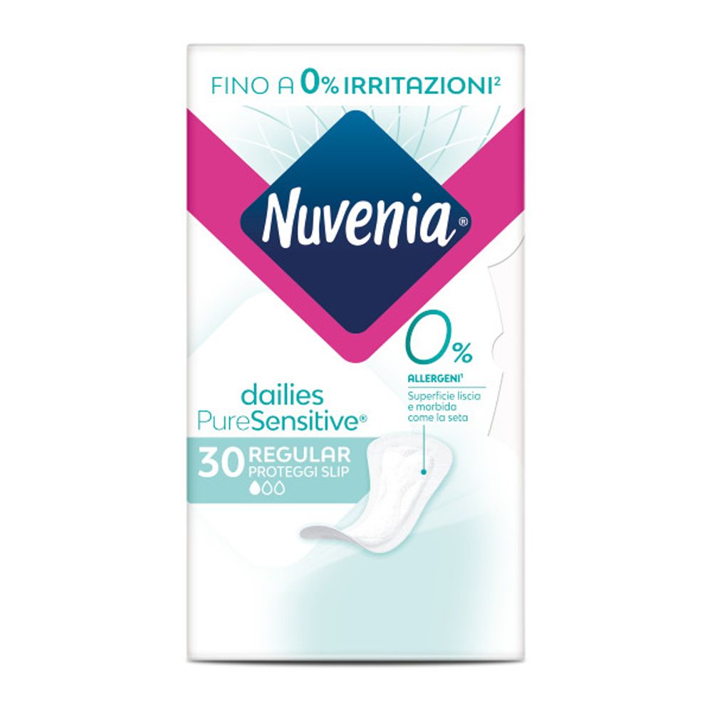 Confezione di Nuvenia Pure Sensitive Proteggi Slip, 30 pezzi. Design bianco, rosa e blu. 0% allergeni.