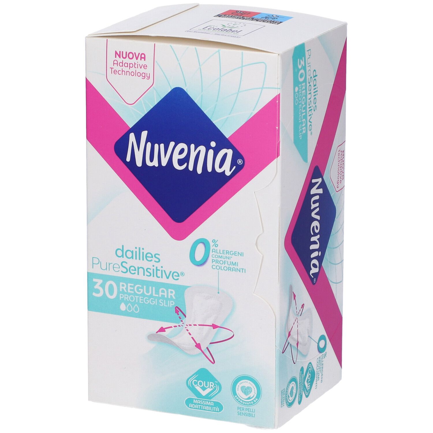 Scatola di Nuvenia Pure Sensitive Proteggi Slip, 30 pezzi. Design bianco, rosa e blu. 0% allergeni.