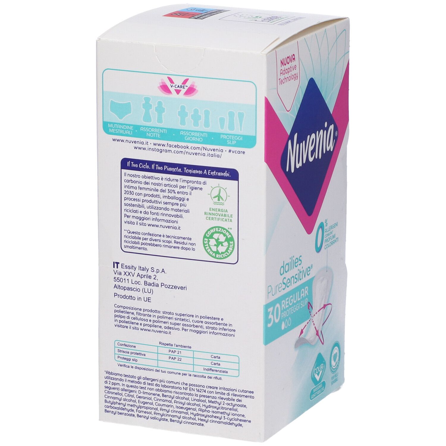 Retro della scatola Nuvenia Pure Sensitive Proteggi Slip. Testo, logo, informazioni sulla sostenibilità.