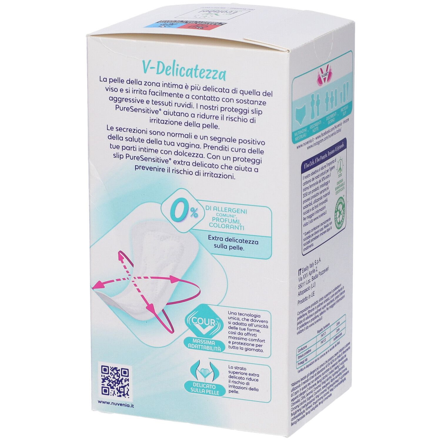 Retro della scatola Nuvenia Pure Sensitive Proteggi Slip. Testo, logo, informazioni sulla sostenibilità.