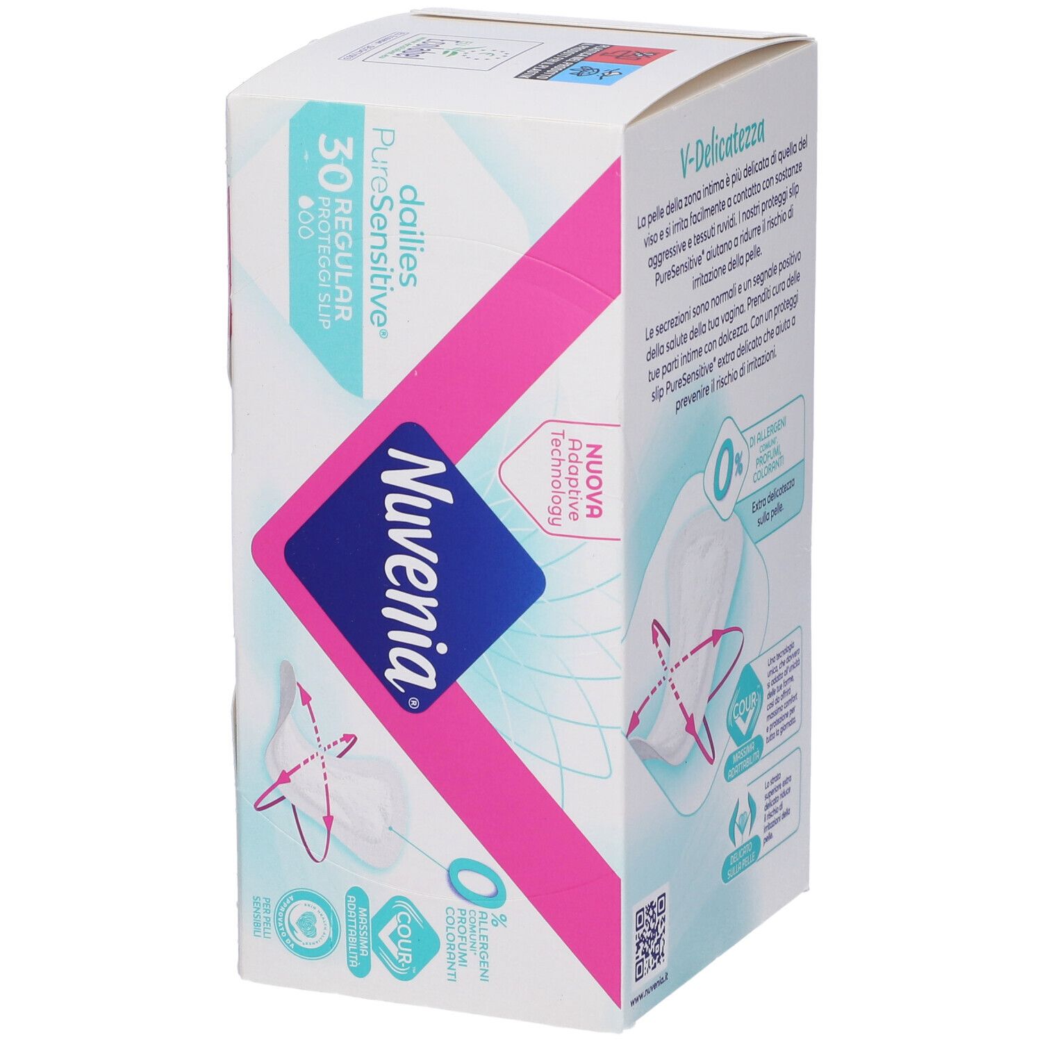 Scatola di Nuvenia Pure Sensitive Proteggi Slip, 30 pezzi. Design bianco, rosa e blu. 0% allergeni.