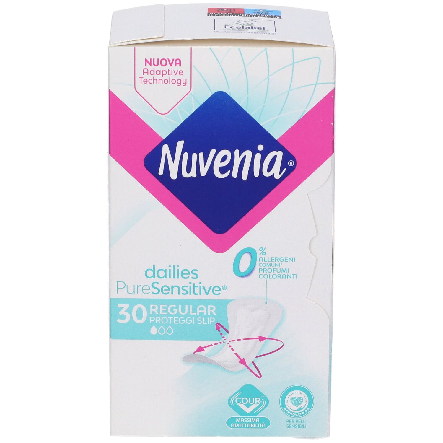 Scatola di Nuvenia Pure Sensitive Proteggi Slip, 30 pezzi. Design bianco, rosa e blu. 0% allergeni.