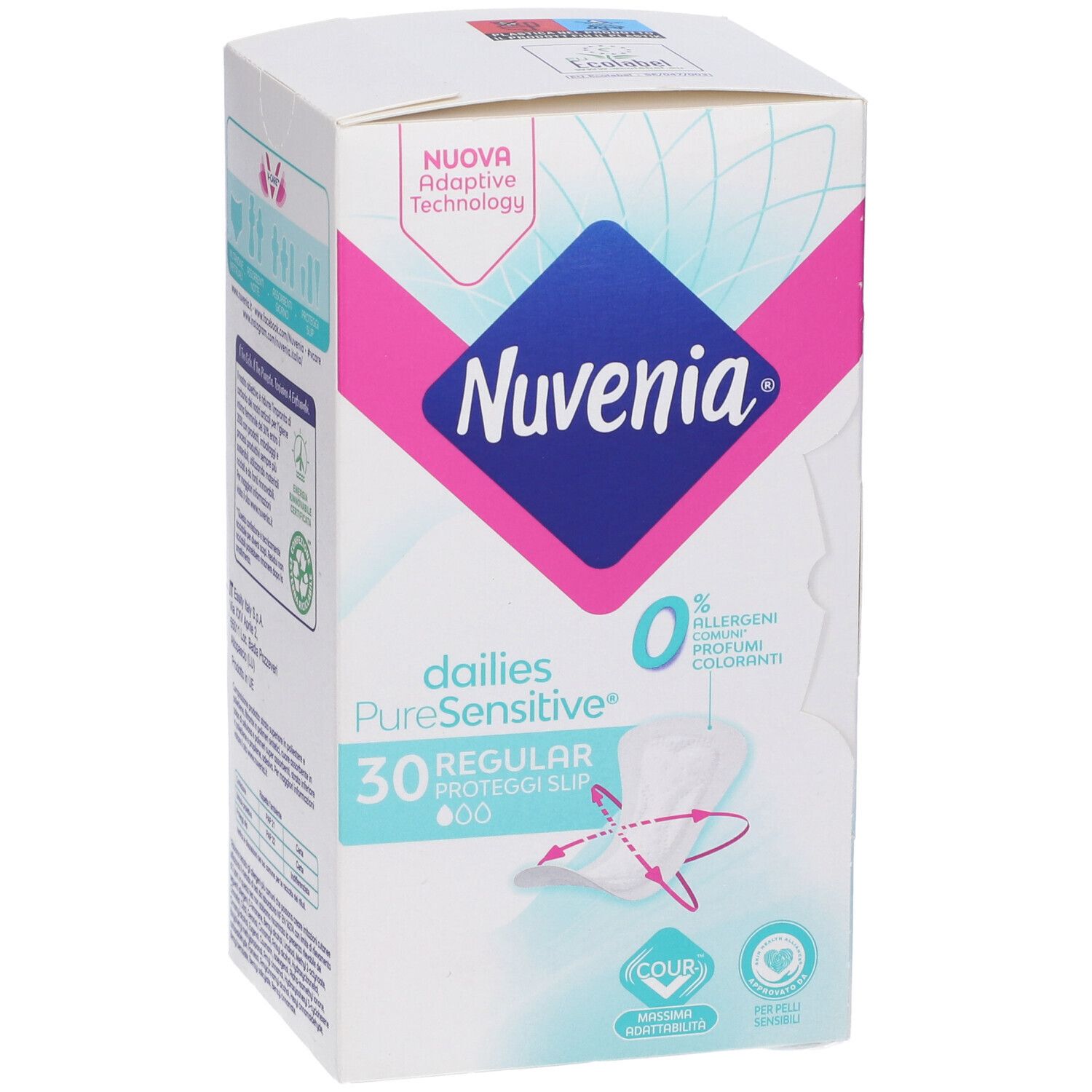 Scatola di Nuvenia Pure Sensitive Proteggi Slip, 30 pezzi. Design bianco, rosa e blu. 0% allergeni.