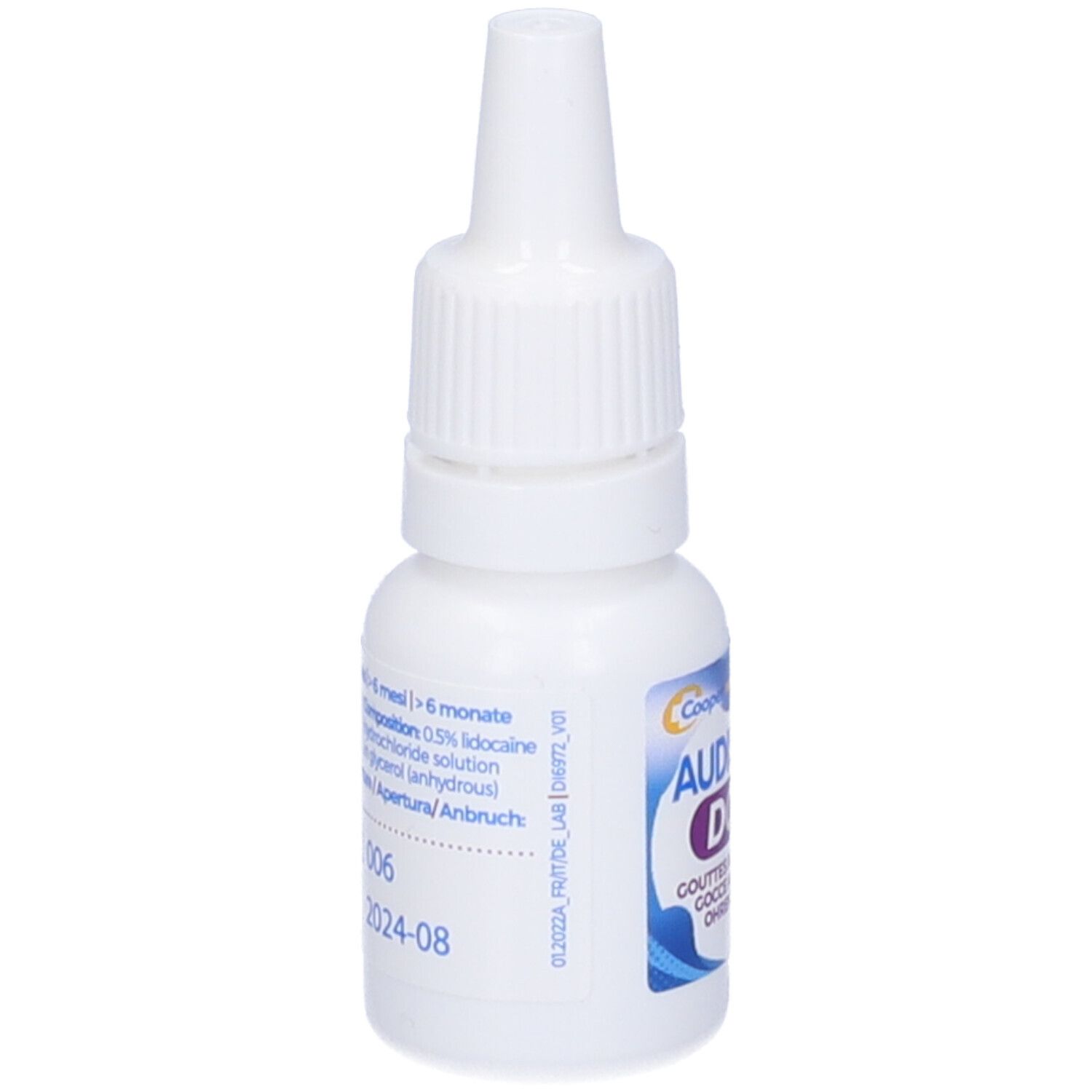 Flacone bianco con tappo a vite. Scritta: Audispray Dolo. Dettagli della composizione.