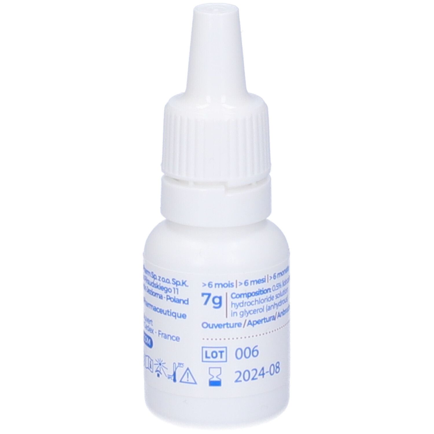 Flacone bianco con tappo a vite. Scritta: Audispray Dolo. Dettagli composizione e numero lotto.