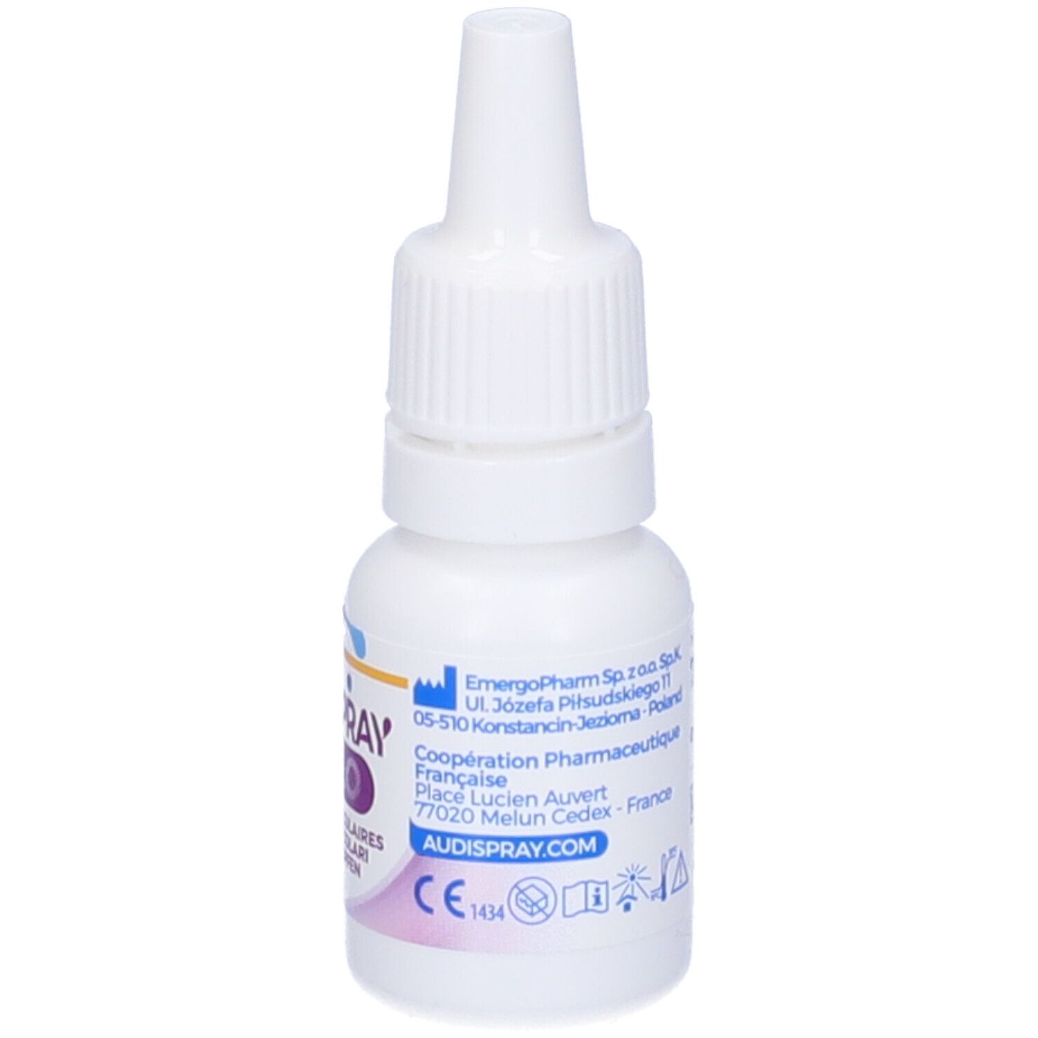 Flacone bianco con tappo a vite. Scritta: Audispray Dolo. Informazioni sul produttore.