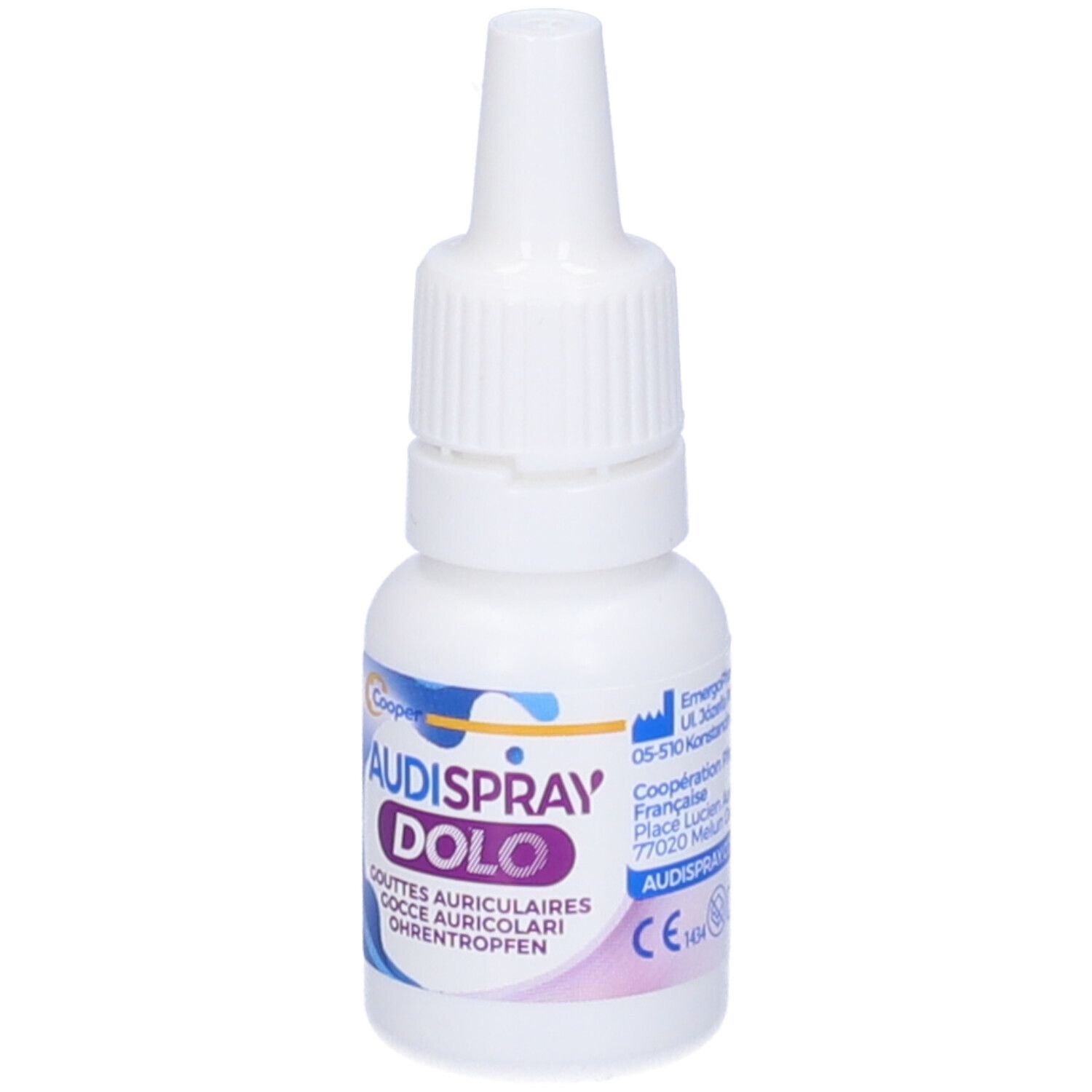 Flacone bianco con tappo a vite. Scritta: Audispray Dolo. Per le orecchie.