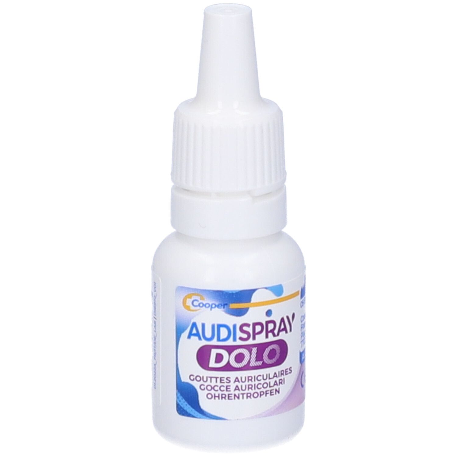 Flacone bianco con tappo a vite. Scritta: Audispray Dolo. Per le orecchie.