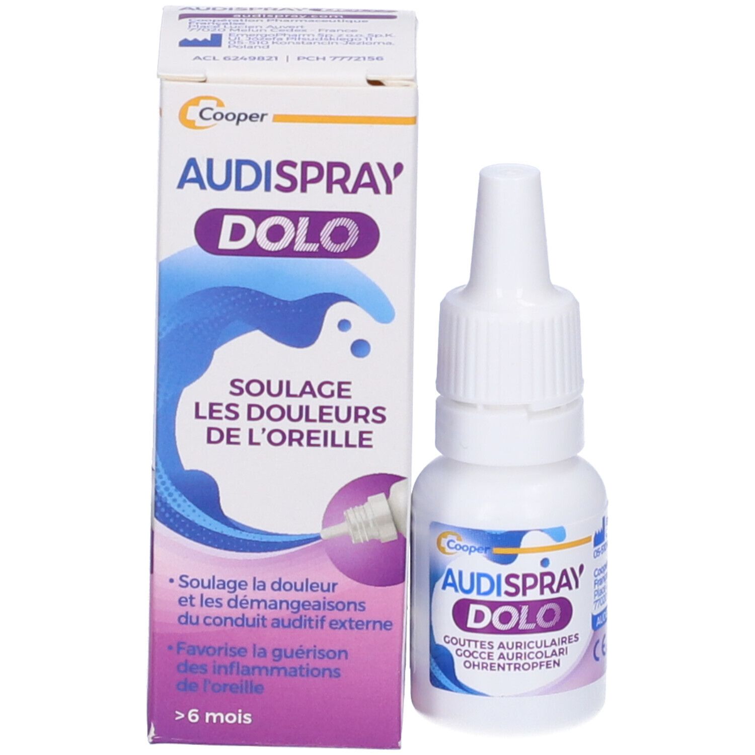 Confezione e flacone. Scritta: Audispray Dolo. Allevia il dolore alle orecchie.