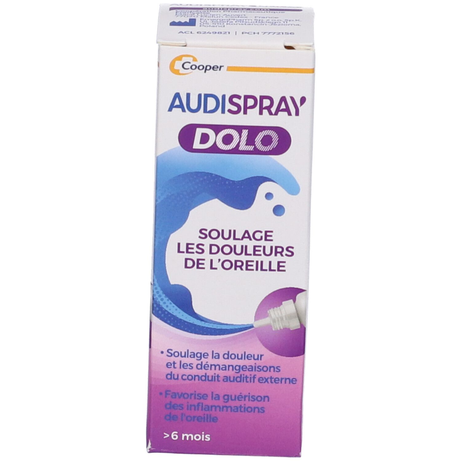 Confezione del prodotto. Scritta: Audispray Dolo. Allevia il dolore alle orecchie.