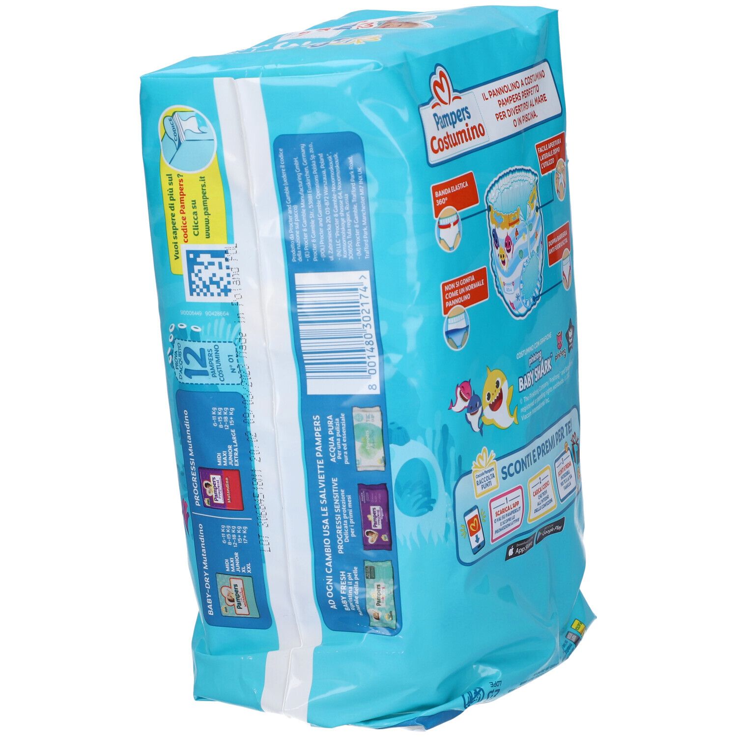 Confezione Pampers Costumino, vista laterale. Informazioni, design Baby Shark e codice a barre.