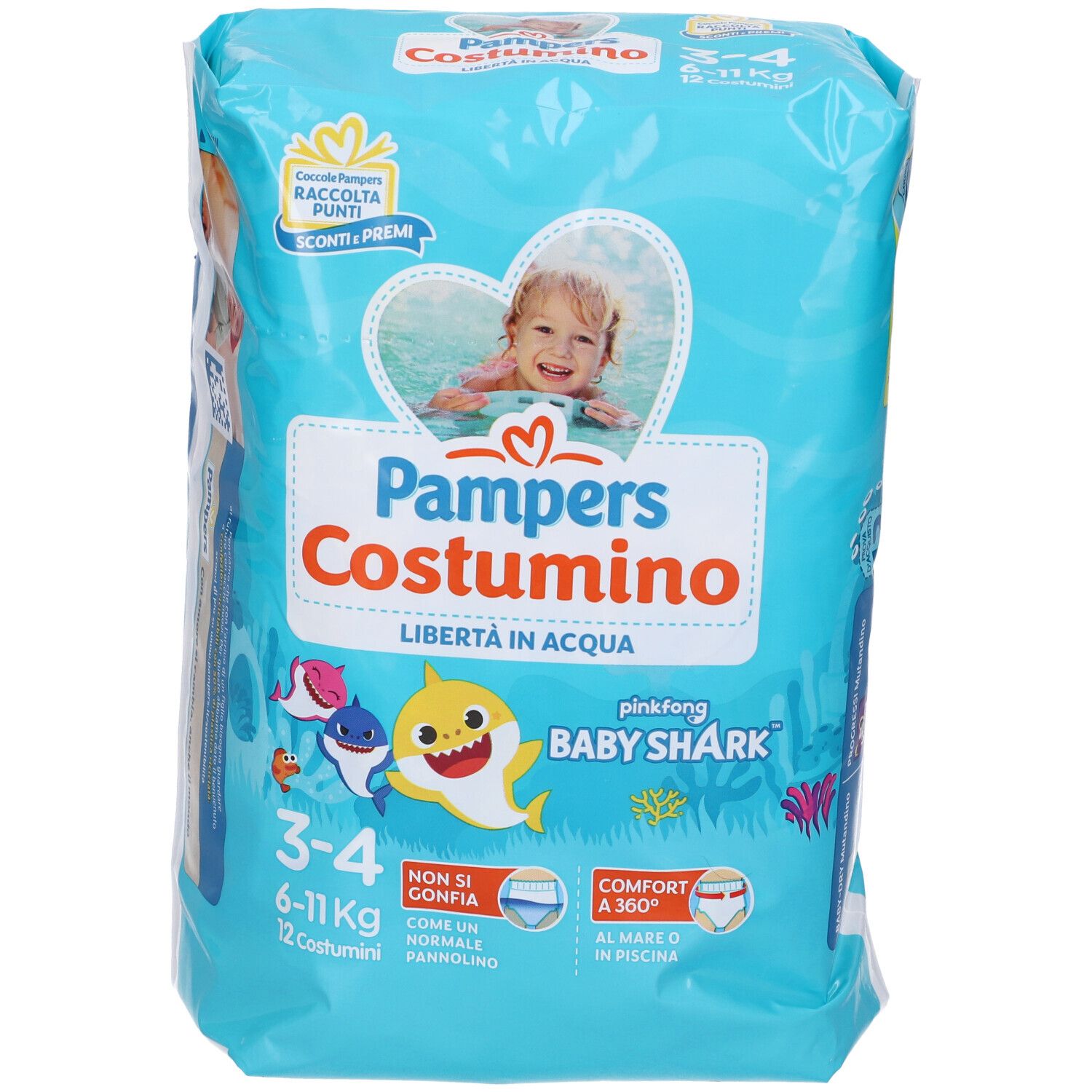 Confezione Pampers Costumino, taglia 3-4, 6-11 kg. Design Baby Shark. Confezione blu con informazioni.