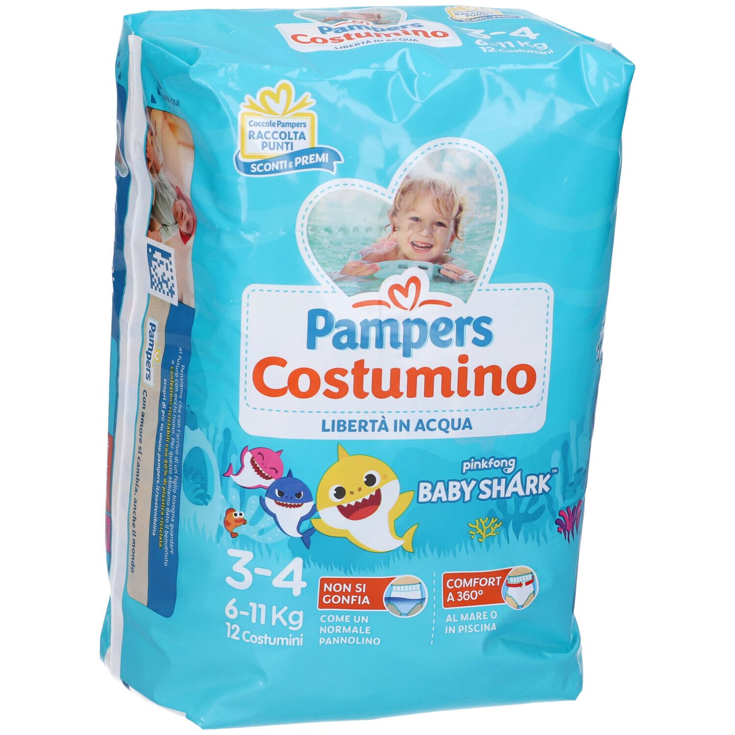 Confezione Pampers Costumino, taglia 3-4, 6-11 kg. Design Baby Shark. Confezione blu con informazioni.