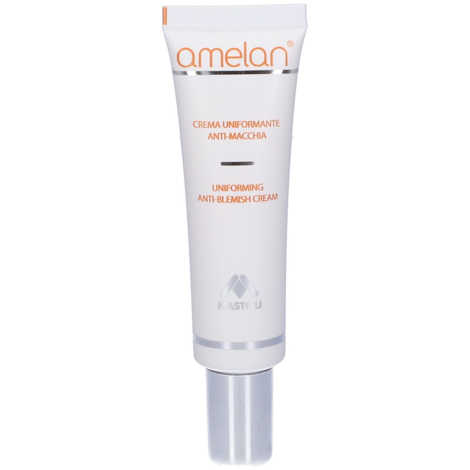 Tubo di crema bianco, dettagli argento. Scritte: Amelan, Crema Uniformante Anti-Macchia, Uniforming Anti-Blemish Cream.