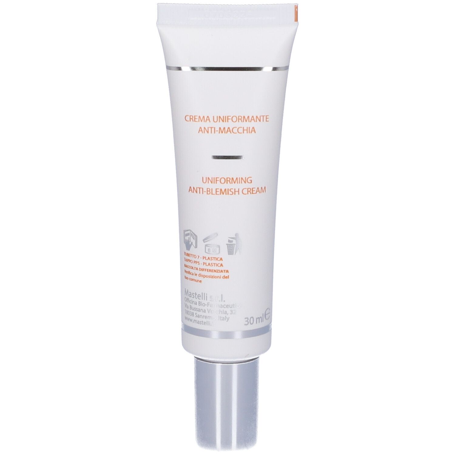 Tubo di crema bianco, dettagli argento. Scritte: Amelan, Crema Uniformante Anti-Macchia, Uniforming Anti-Blemish Cream. 30 ml.