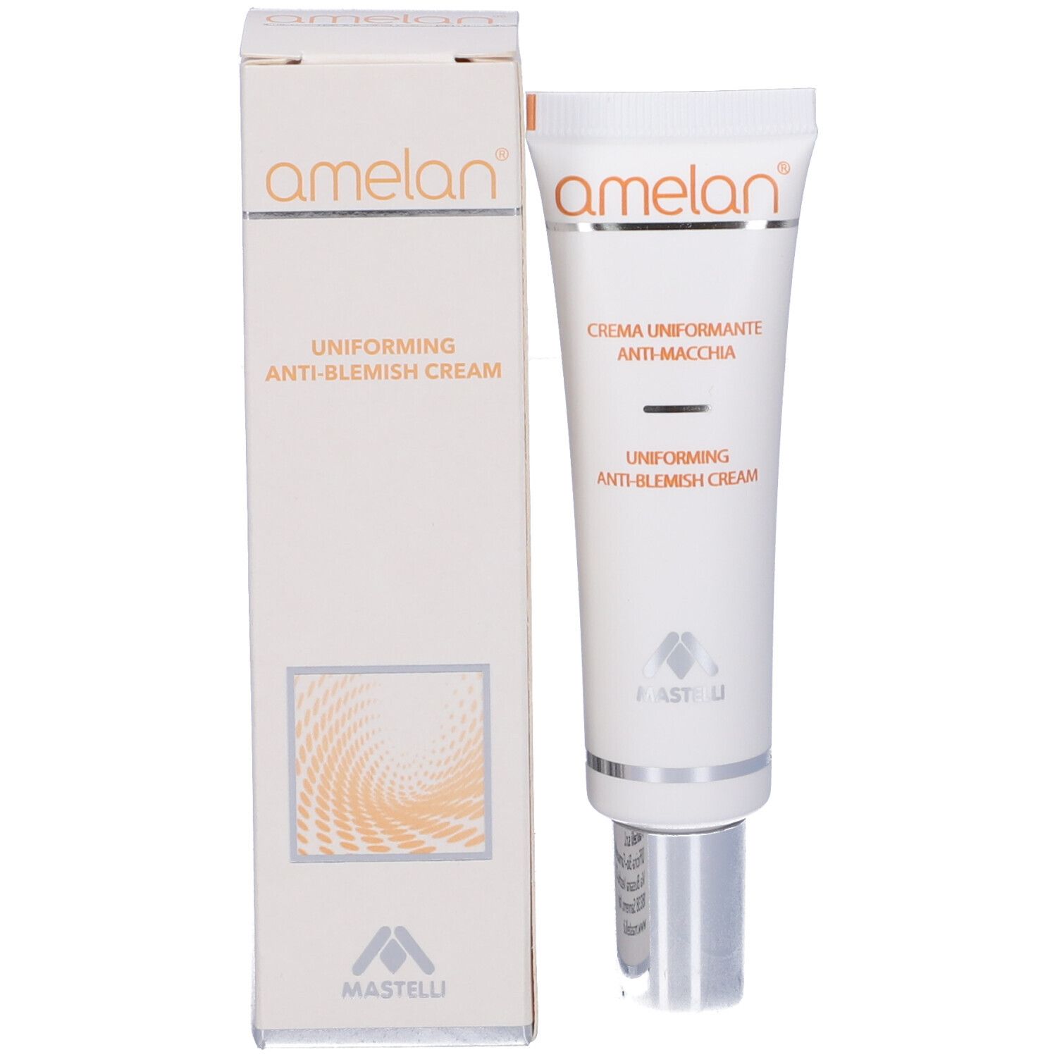 Confezione: tubo e scatola. Tubo: bianco, argento. Scatola: bianca, arancione. Scritte: Amelan, Uniforming Anti-Blemish Cream.