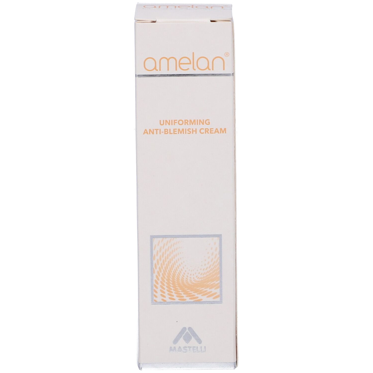 Scatola bianca, dettagli arancioni. Scritte: Amelan, Uniforming Anti-Blemish Cream. Logo Mastelli.