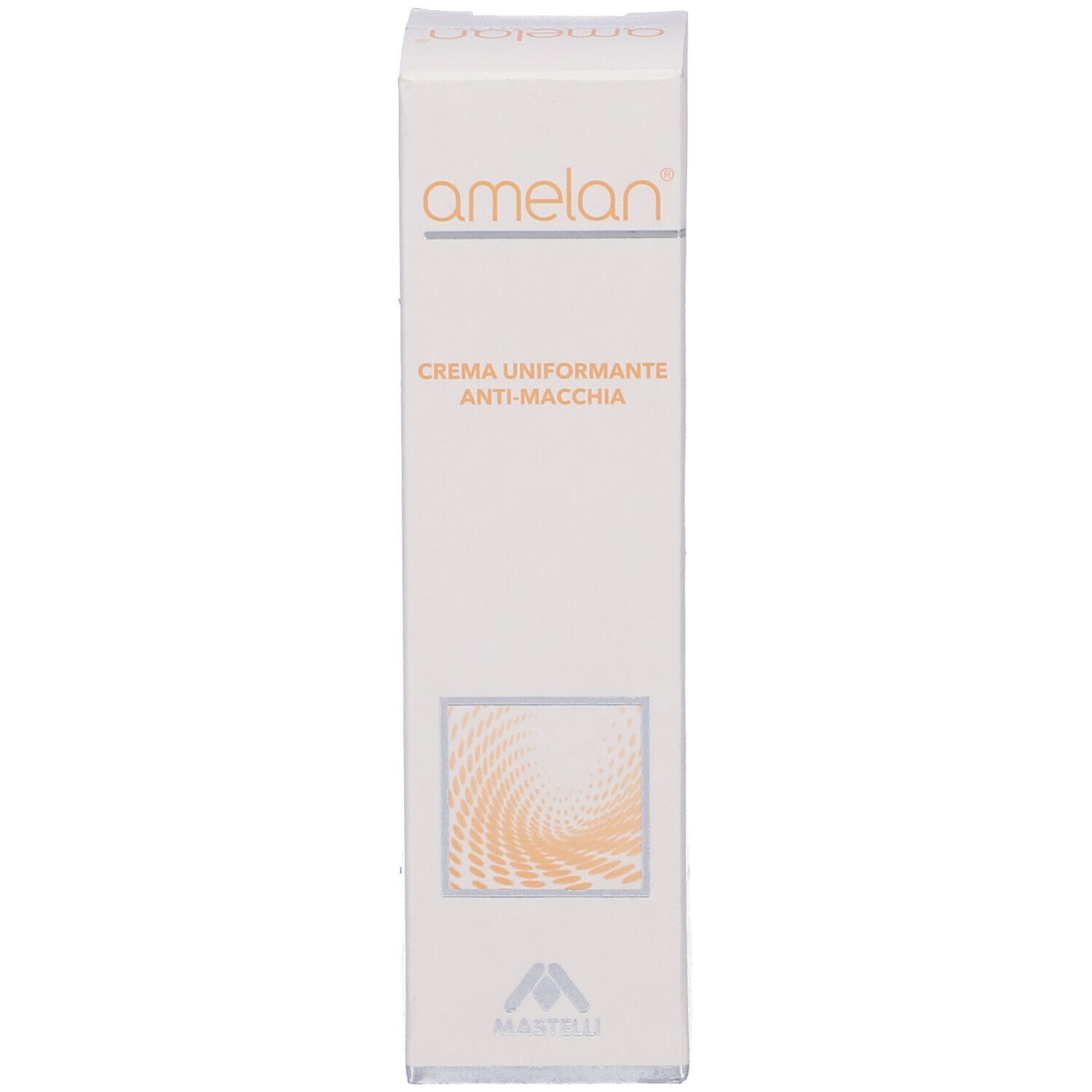 Scatola bianca, dettagli arancioni. Scritte: Amelan, Crema Uniformante Anti-Macchia. Logo Mastelli.