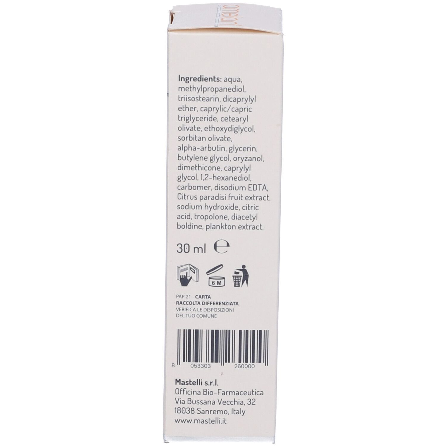 Scatola bianca. Elenco ingredienti, 30 ml. Indirizzo produttore: Mastelli s.r.l., Sanremo, Italia.