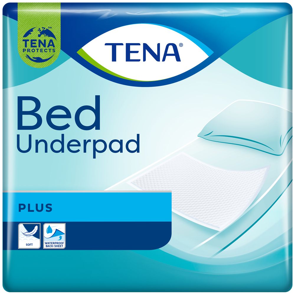 TENA Bed Underpad Plus. Retro morbido e impermeabile. Confezione con immagine del prodotto.