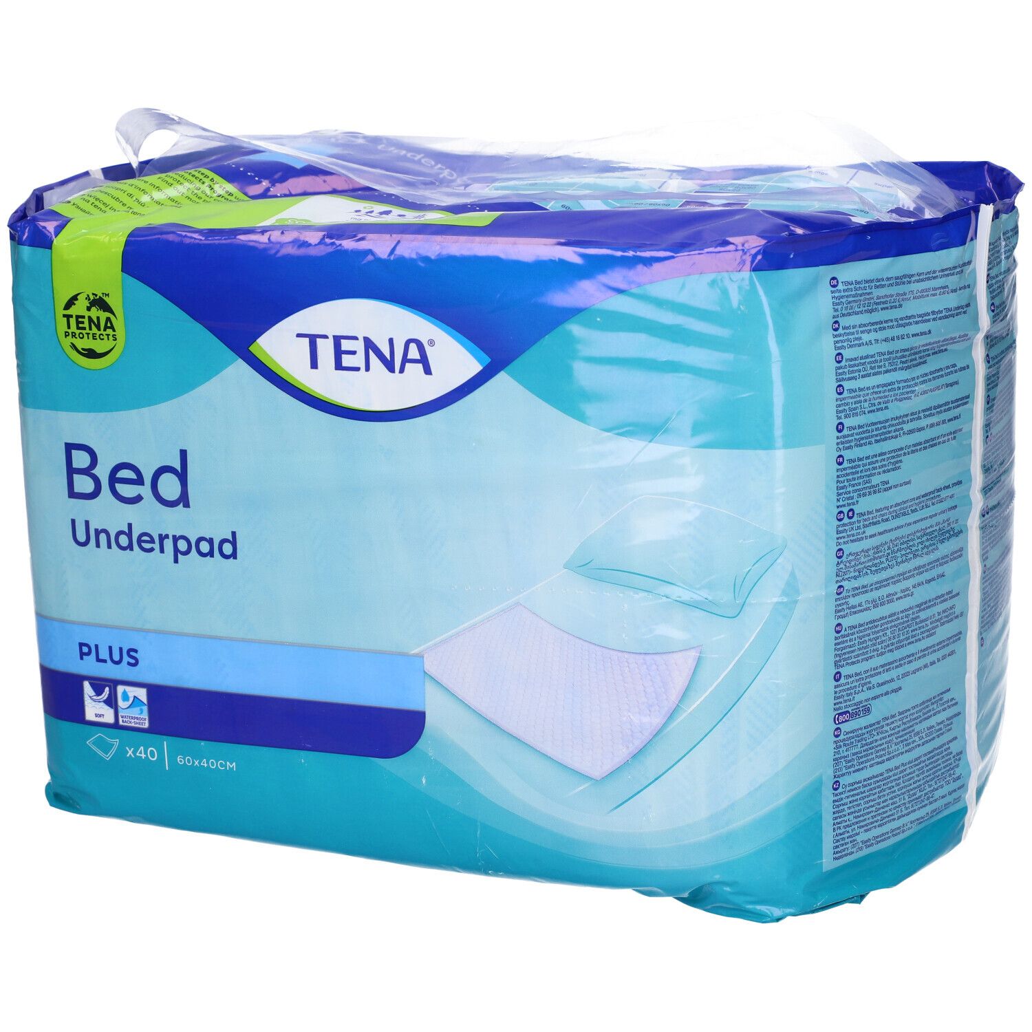 TENA Bed Underpad Plus. Confezione con immagine del prodotto. Dimensione 40x40cm.