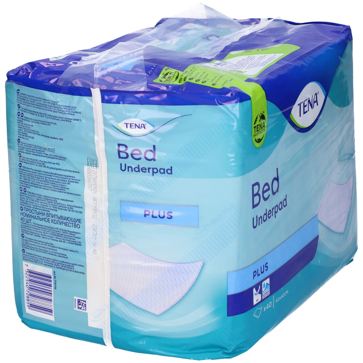 TENA Bed Underpad Plus. Confezione con immagine del prodotto. Dimensione 40x40cm.