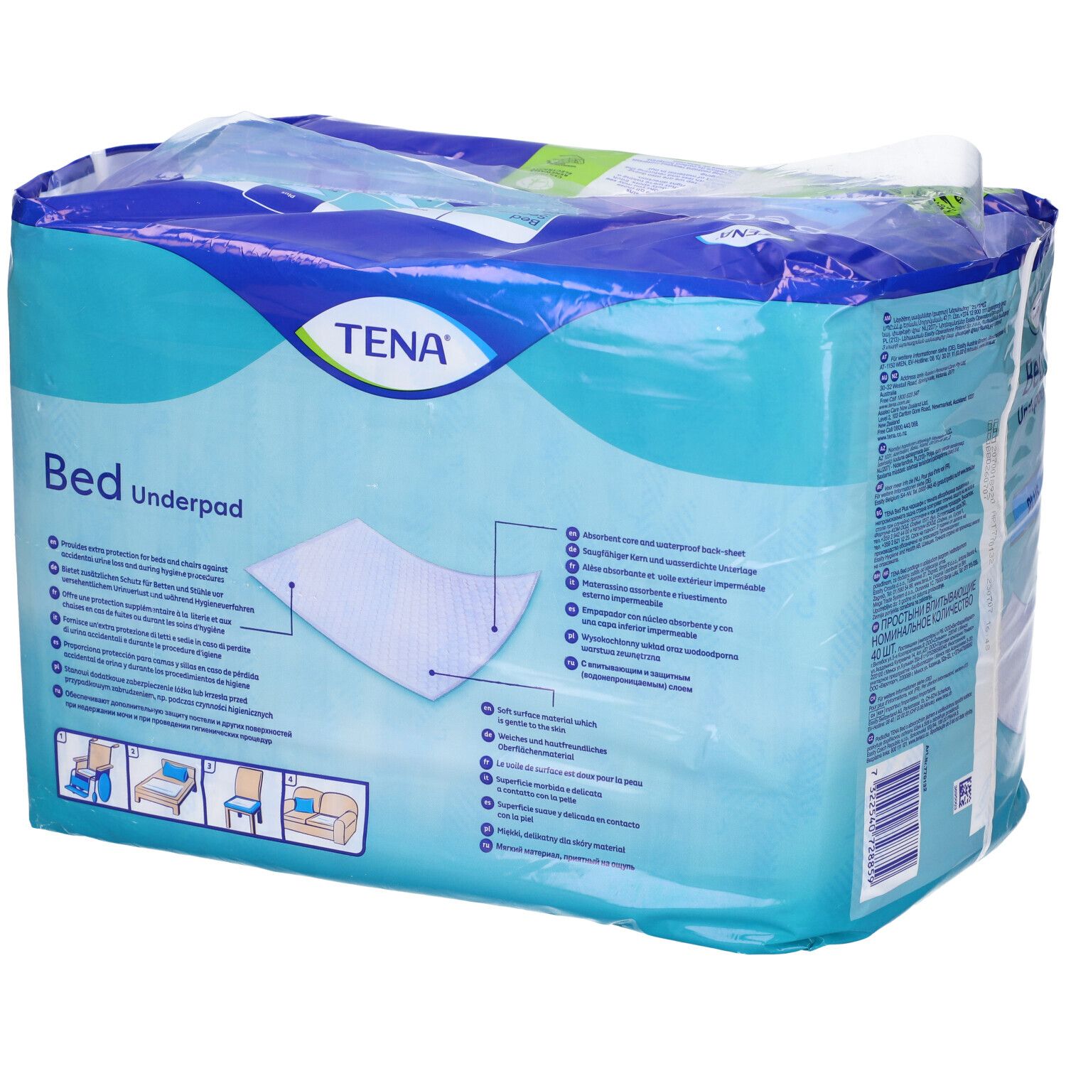 TENA Bed Underpad Plus. Confezione con immagine del prodotto. Dimensione 40x40cm.