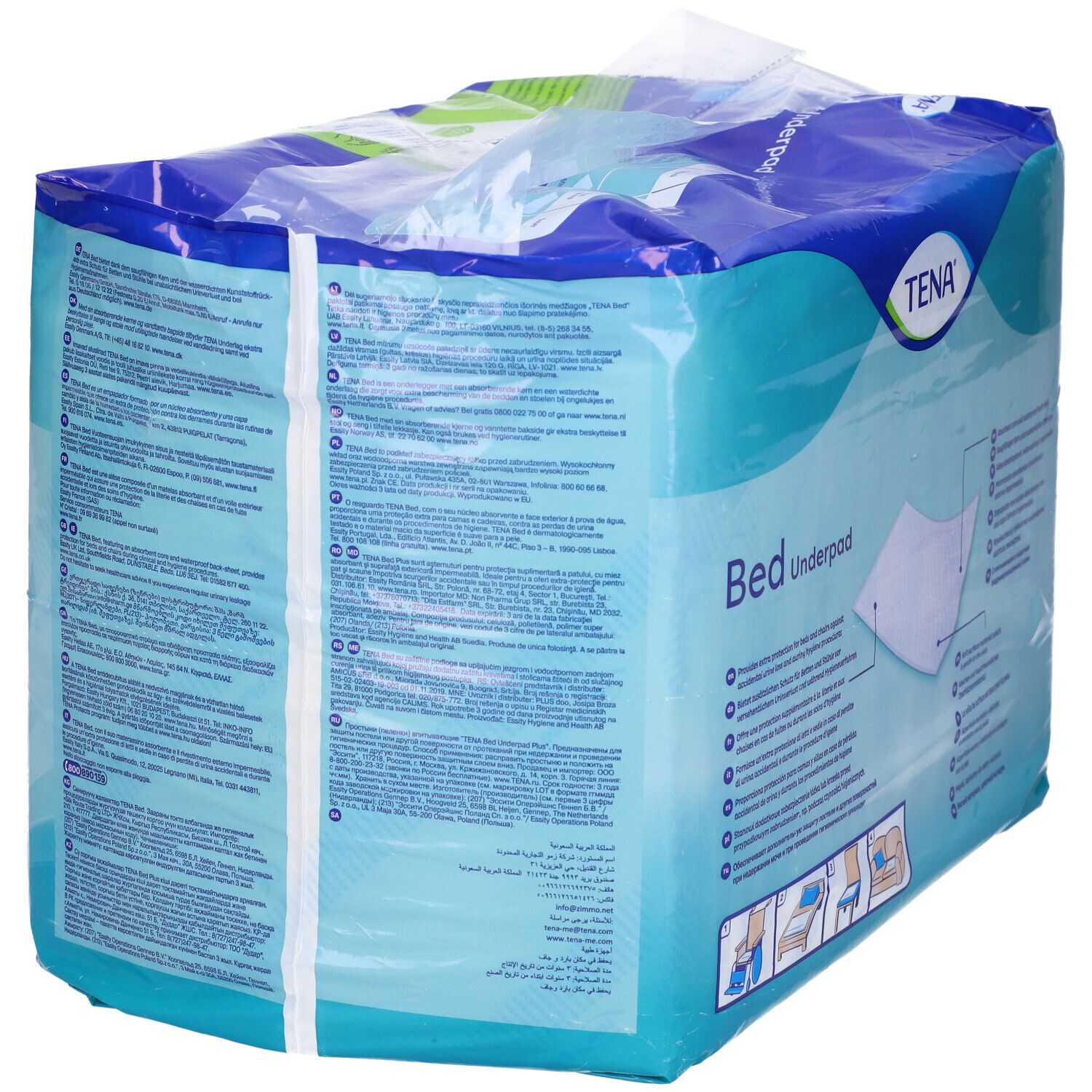 TENA Bed Underpad Plus. Confezione con immagine del prodotto. Dimensione 40x40cm.