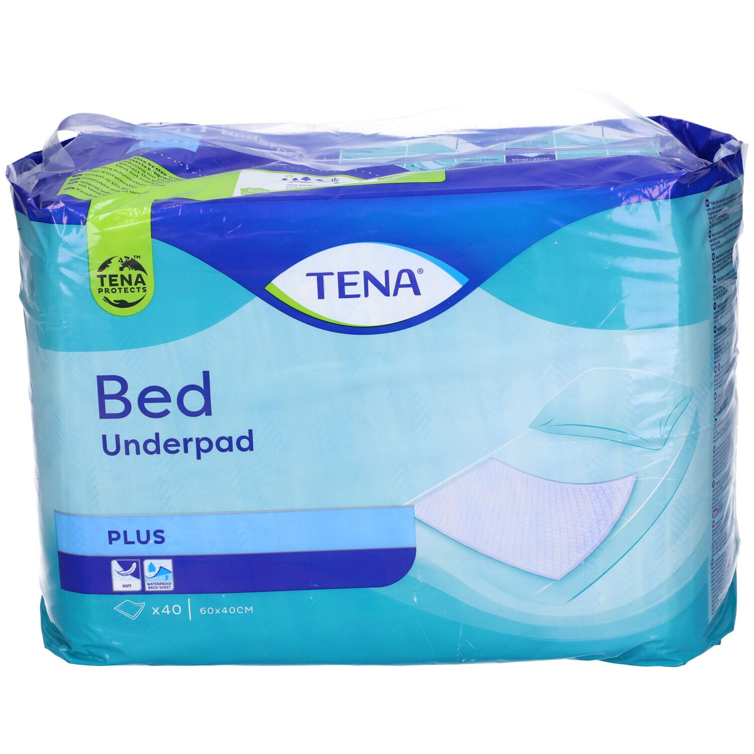 TENA Bed Underpad Plus. Confezione con immagine del prodotto. Dimensione 40x40cm.