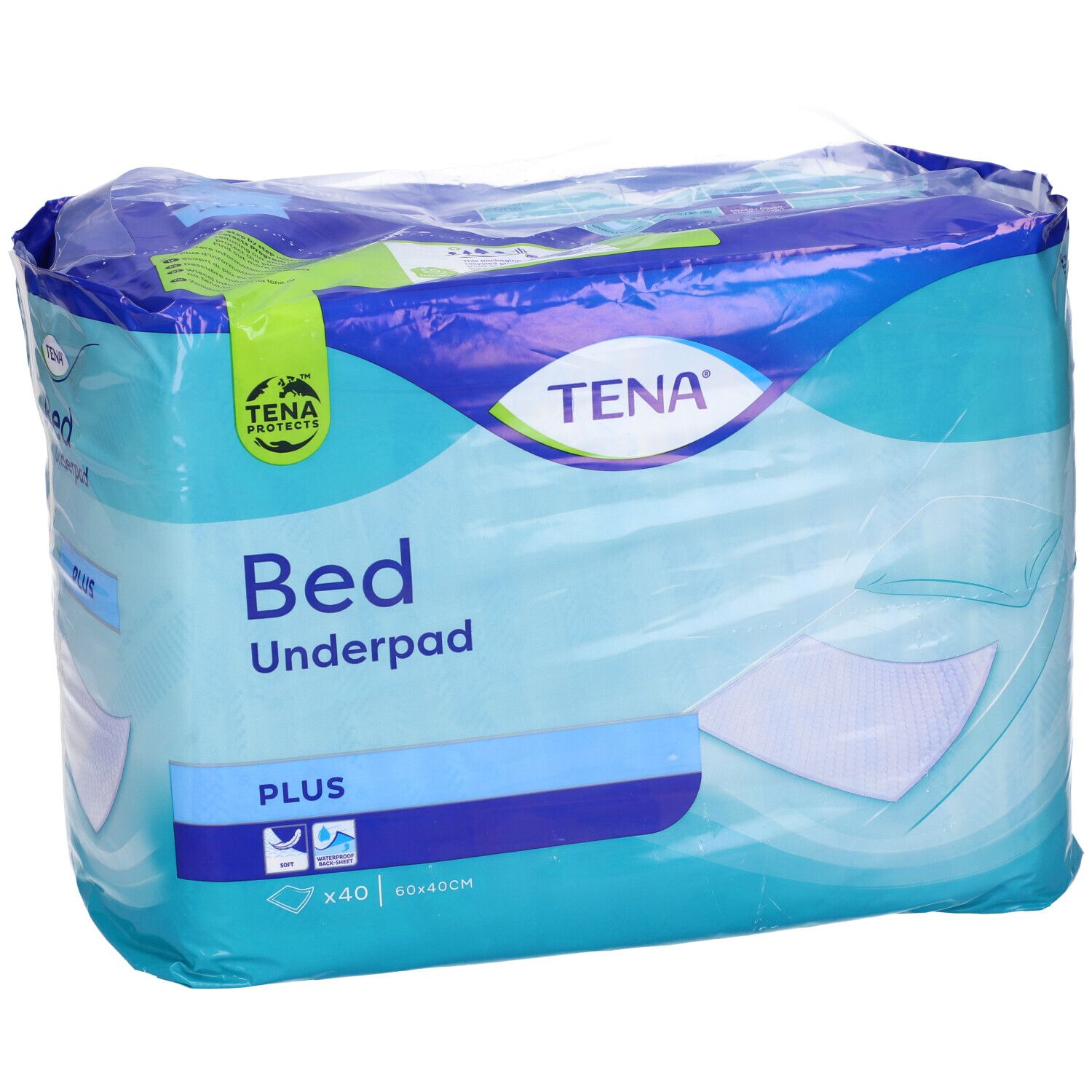 TENA Bed Underpad Plus. Confezione con immagine del prodotto. Dimensione 40x40cm.