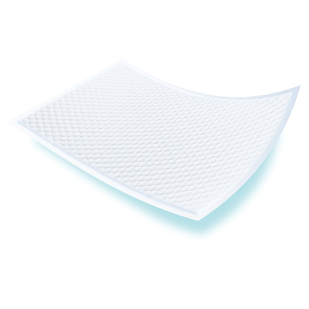Weißes TENA Bed Underpad. Quadratische Form mit abgerundeten Ecken. Wabenmuster auf der Oberfläche.