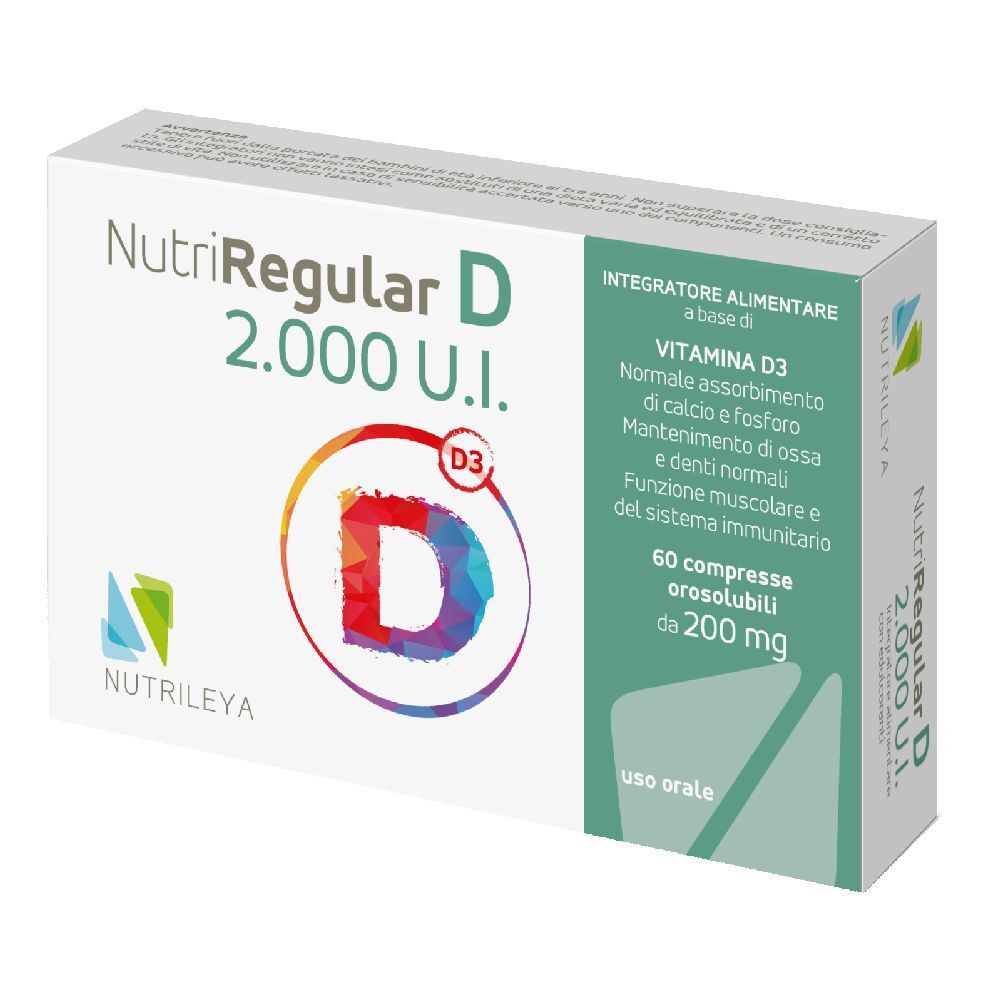 Weiße Schachtel mit 'NutriRegular D 2.000 U.I.' und 'D3' Logo. Enthält 60 Tabletten. Grün-weiße Verpackung.