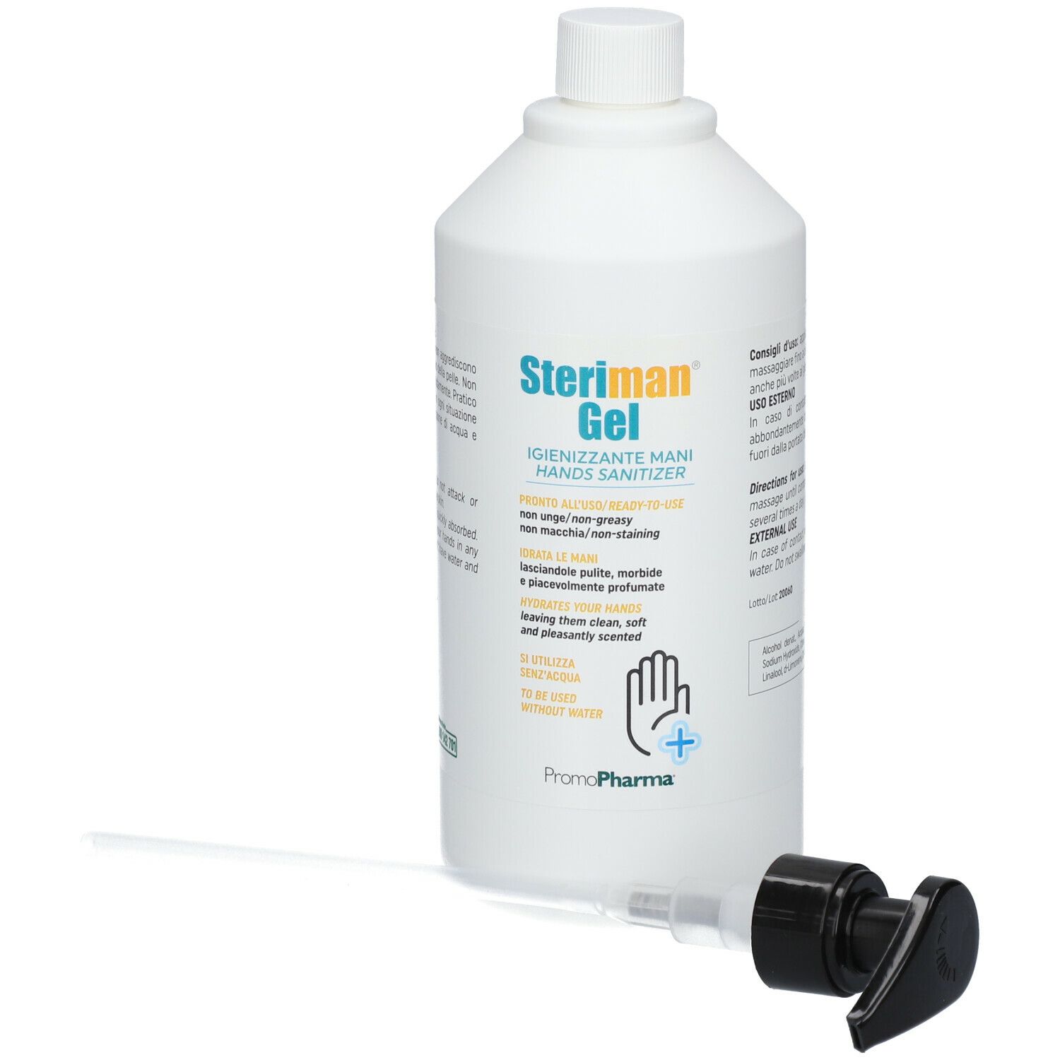 Flacone bianco con pompa. Steriman Gel, disinfettante mani. Pompa accanto.