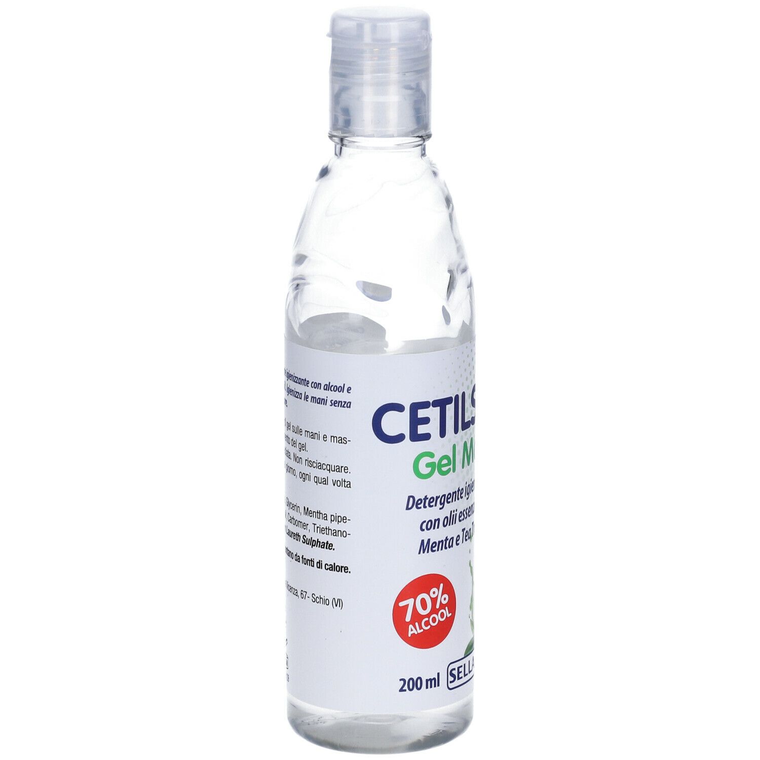 CETILSAN Gel Mani. Flacone di gel trasparente. 70% alcool. 200 ml. Con Menta e Tea Tree Oil.
