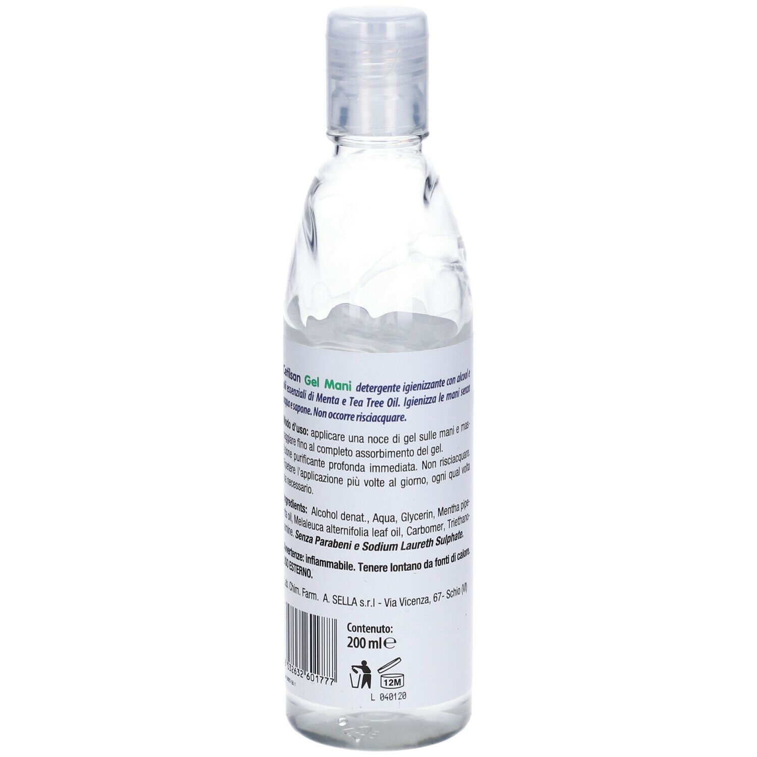 Retro del flacone CETILSAN Gel Mani. Testo con ingredienti e uso. 200 ml.