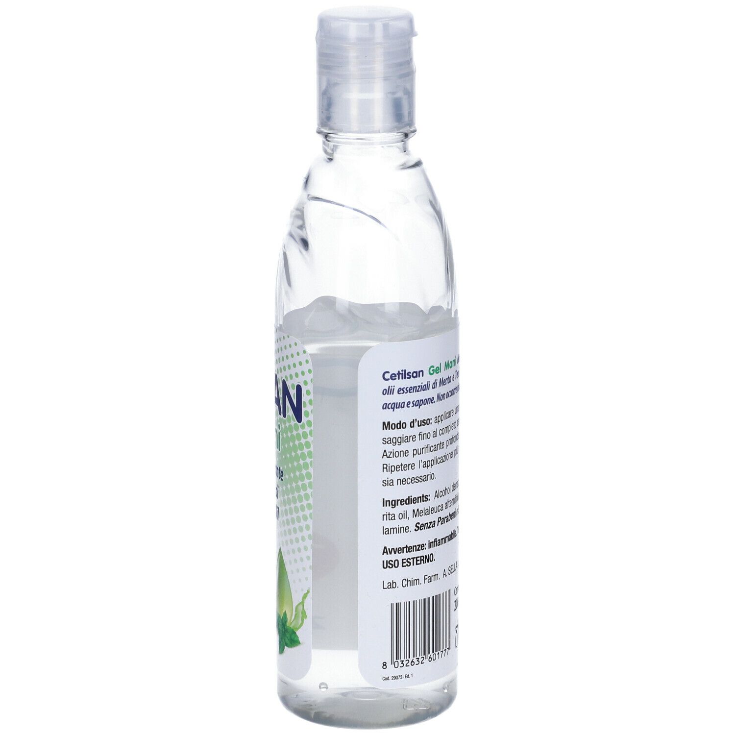 Lato del flacone CETILSAN Gel Mani. Testo con ingredienti e uso. 200 ml.