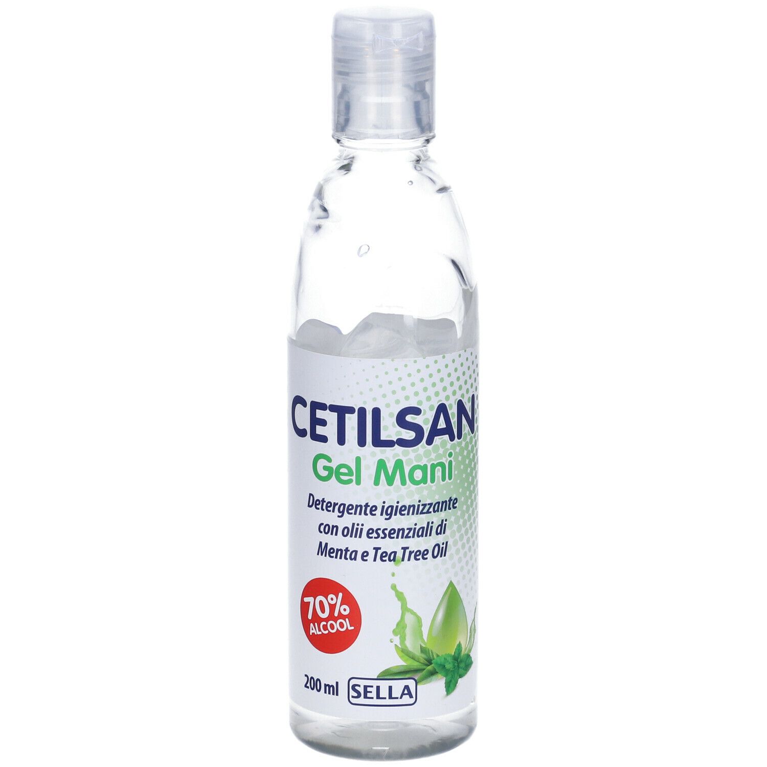 CETILSAN Gel Mani. Flacone di gel trasparente. 70% alcool. 200 ml. Con Menta e Tea Tree Oil.