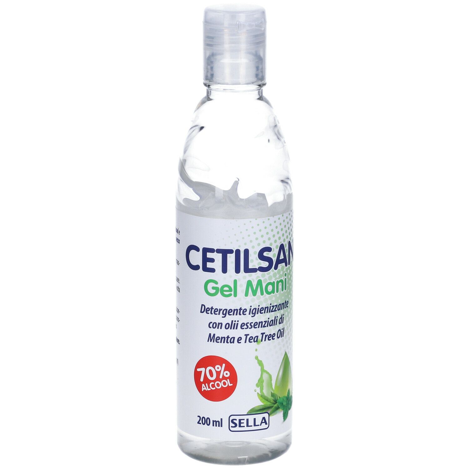 CETILSAN Gel Mani. Flacone di gel trasparente. 70% alcool. 200 ml. Con Menta e Tea Tree Oil.