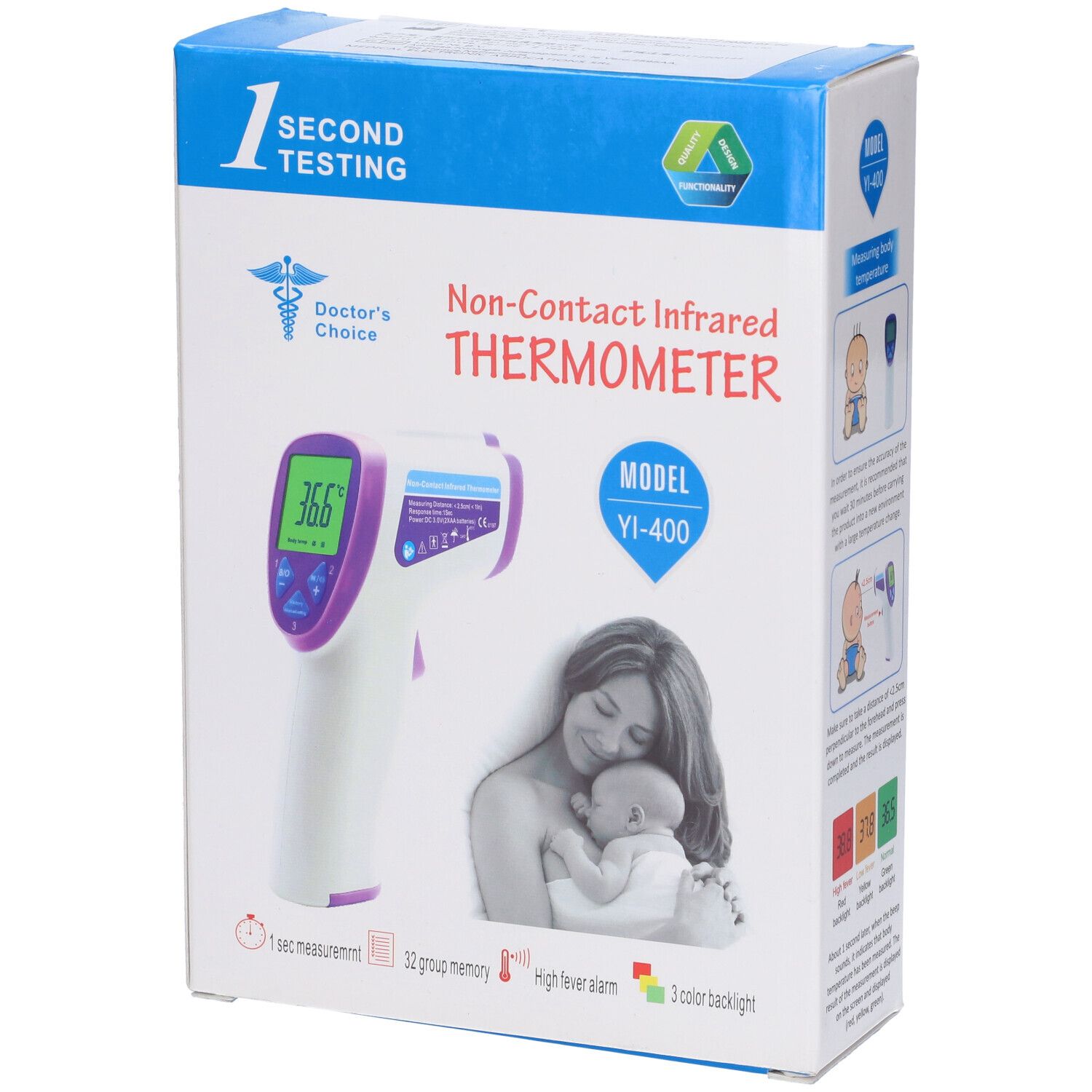 Confezione di termometro a infrarossi. Scritte: "Doctor's Choice", "Non-Contact Infrared THERMOMETER", modello YI-400. Immagine madre e bambino.