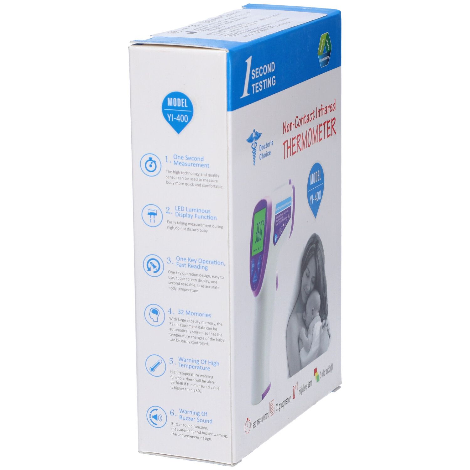 Confezione di termometro a infrarossi. Scritte: "Doctor's Choice", "Non-Contact Infrared THERMOMETER", modello YI-400. Vista laterale.